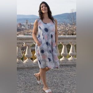 Luca Vanucci Stylish Gray and Pink Sleeveless Linen Dress Size S
